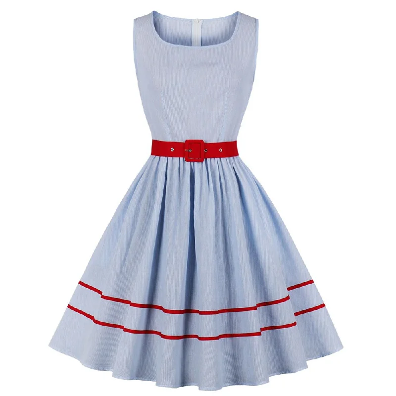 1950s Red Blue Striped Vintage Cotton Sleeveless Robe Pin Up Swing Retro Casual Dress With Pockets Budget-friendly unclassified dresses 1950s Red Blue Striped Vintage Cotton Sleeveless Robe Pin Up Swing Retro Casual Dress With Pockets Budget-friendly unclassified dresses