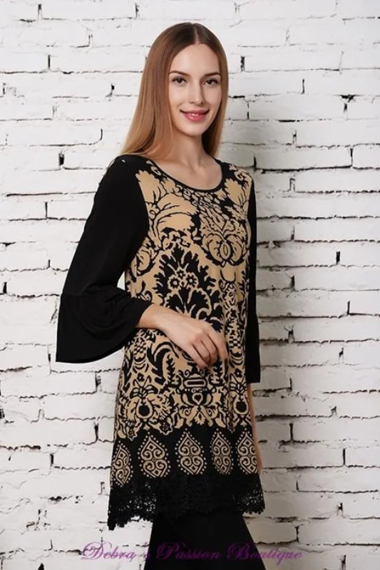 Sassy Bling Damask Scroll Tall Tunic - Mocha/Black Lounge unclassified dresses