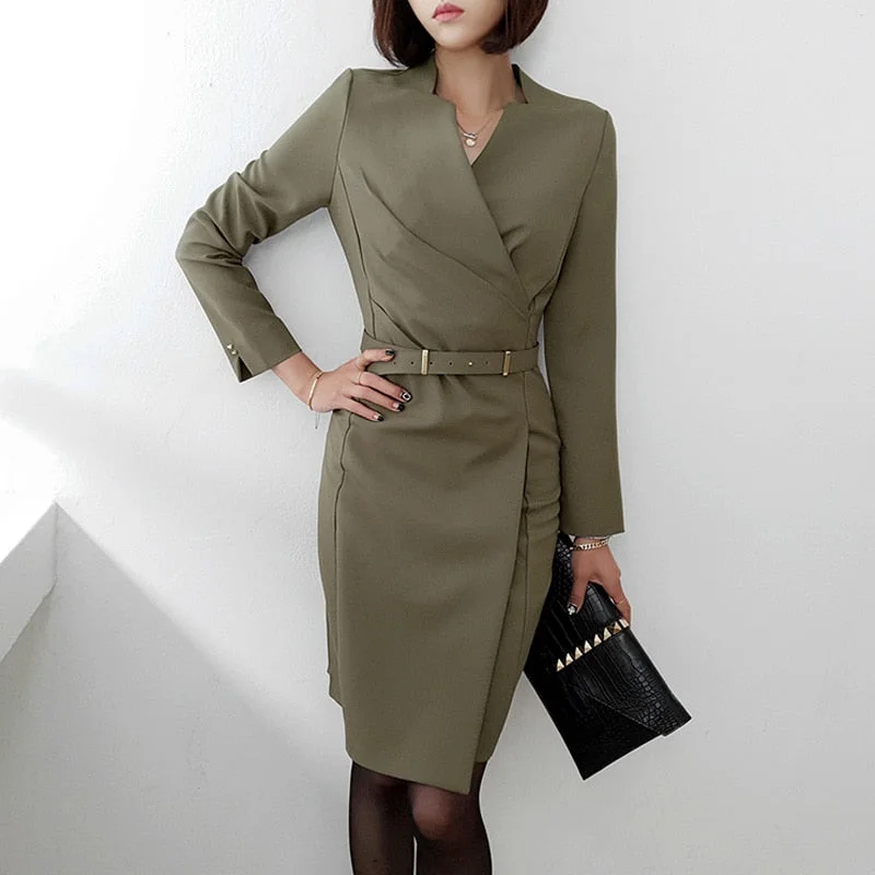 Women Autumn Elegant Full Sleeve Dress Knee-Length Fashion Office Lady Commuting Suit Vestidos Flowy unclassified dresses