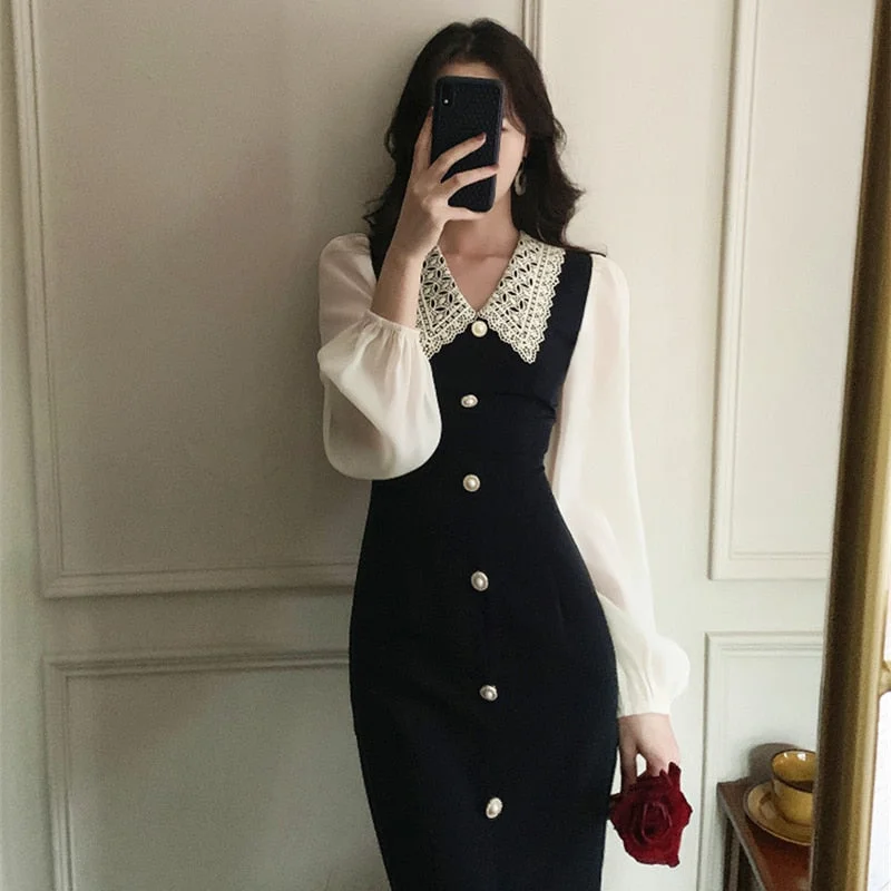 Women Fashion Chic Slim Puff Sleeve Single-breasted Split Dress Vintage Elegant Vestidos Beaded unclassified dresses