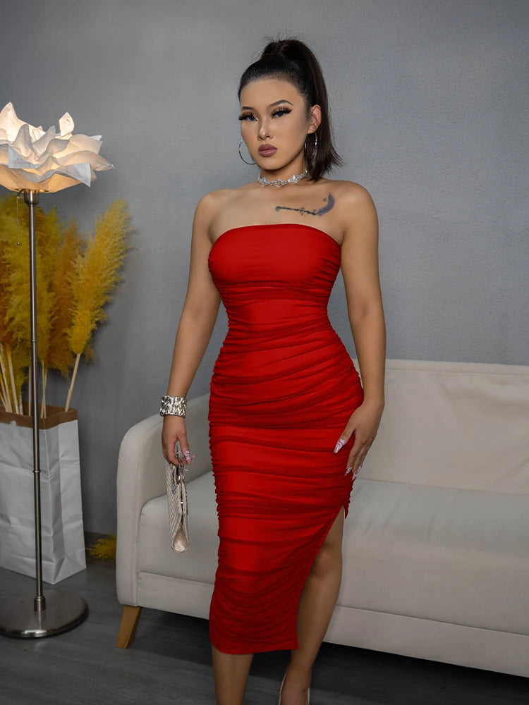 Strapless Sexy Slit Tube Dress Striped unclassified dresses