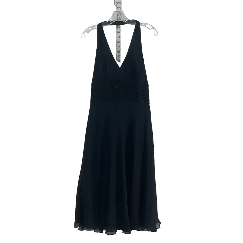 Jones NY Women Black Metallic Stitched Waist 100% Silk Midi A-Line Dress 12 Maxi Length Midi