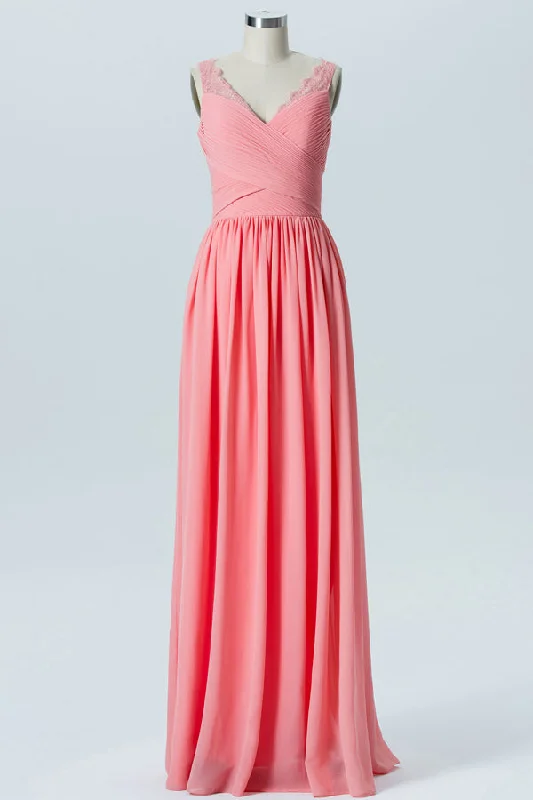 Pink Chiffon Lace Straps Bridesmaid Dress Floral Lace Dress