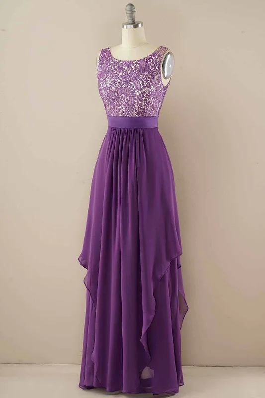 Purple Lace Jewel Sleeveless Tiered Bridesmaid Dress Romantic Lace Dress
