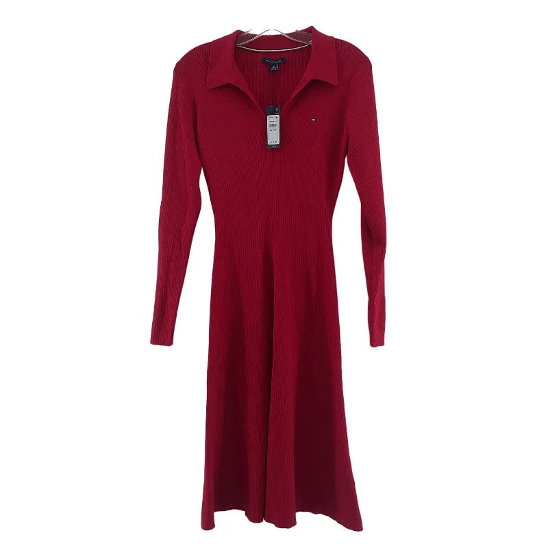 Tommy Hilfiger Women Red Midi LS Knit Sweater Dress XS Petite Cotton NWT Midi Skirt Trend